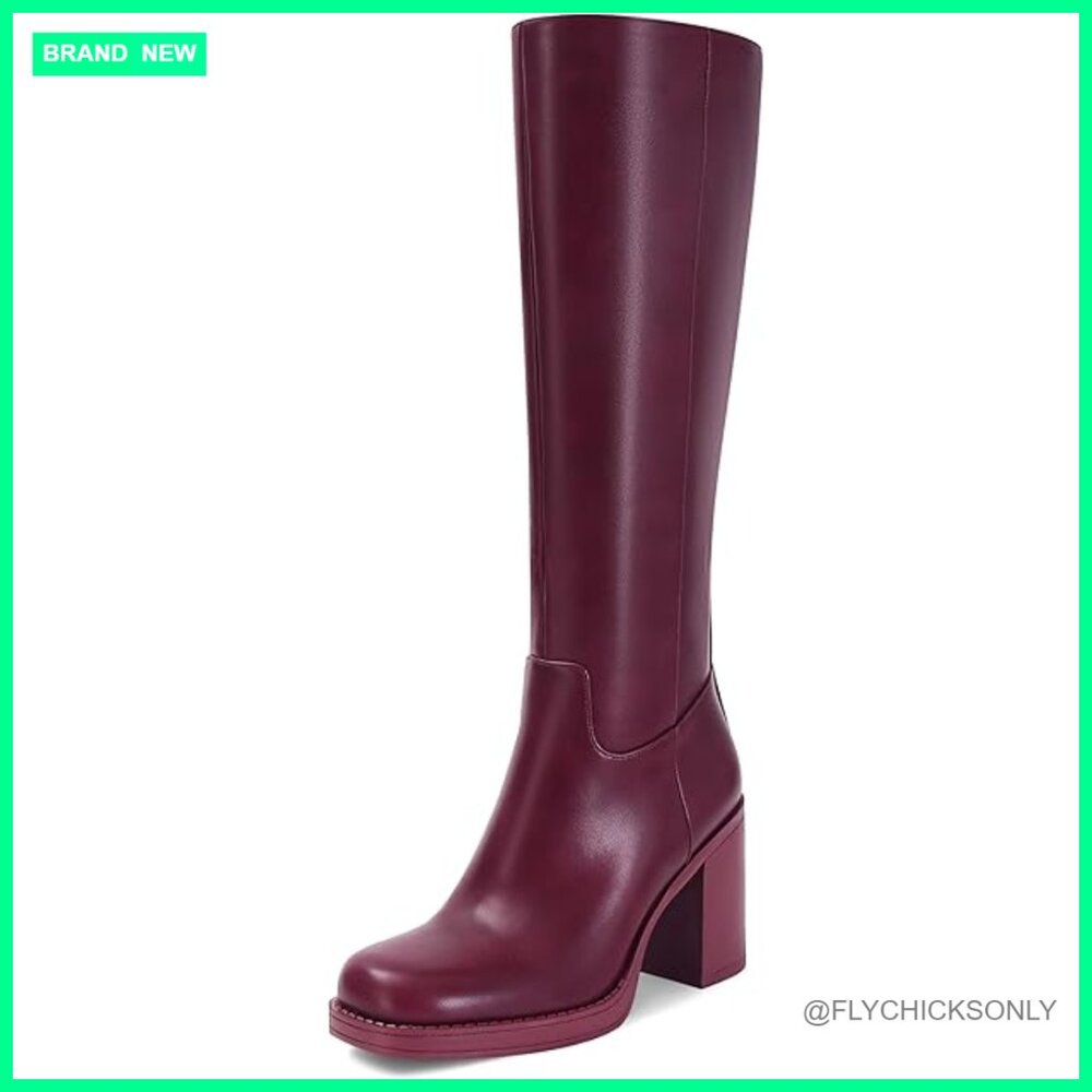 Women's Knee High Boots Chunky Heel Square Toe Side Zipper Winter Fashion